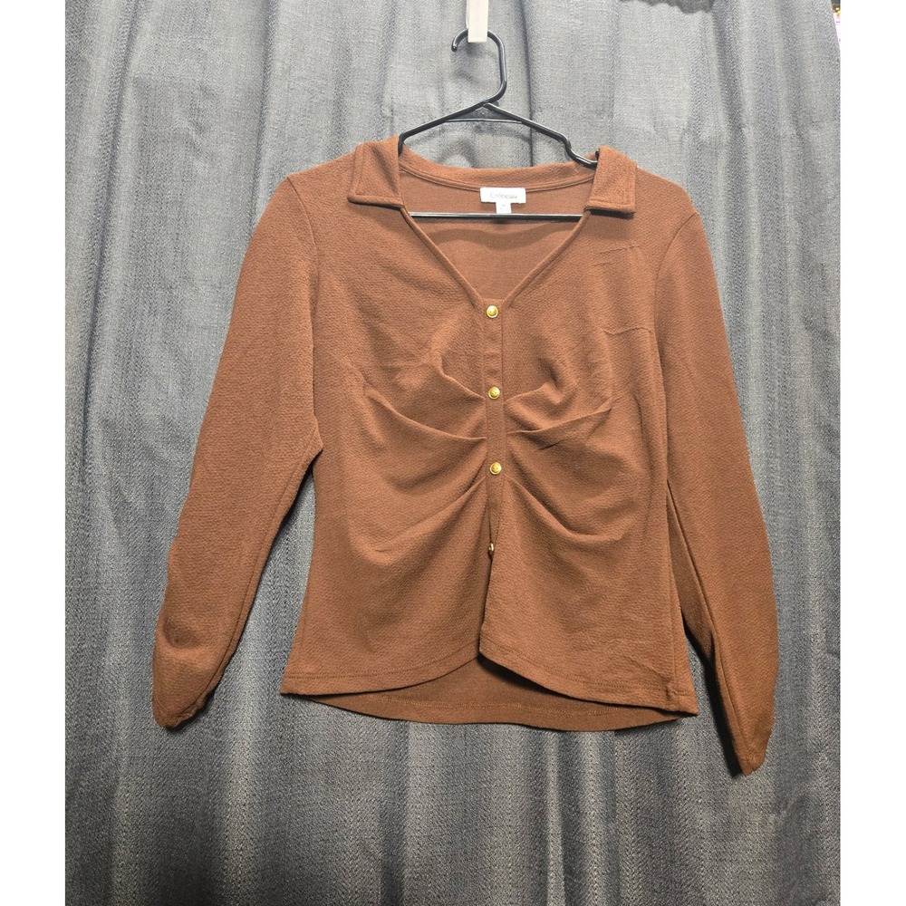 Creneau Brown Button-Up Top Ruched Long Sleeve Collared Blouse‎ Shirt Size M